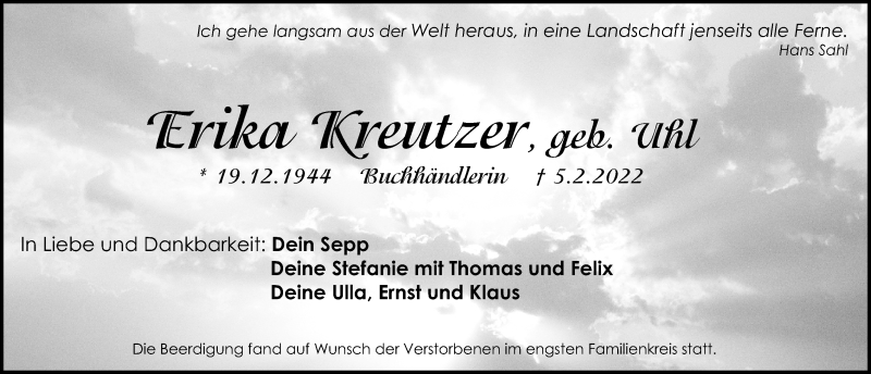  Traueranzeige für Erika Kreutzer vom 12.02.2022 aus Schwabacher Tagblatt Lokal