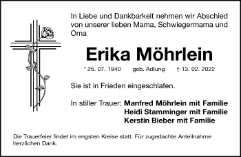 Traueranzeige von Erika Möhrlein von Gesamtausgabe Nürnberger Nachrichten/ Nürnberger Ztg.