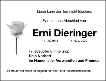 Traueranzeige von Erni Dieringer von Gesamtausgabe Nürnberger Nachrichten/ Nürnberger Ztg.