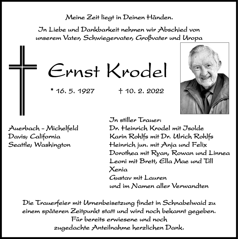  Traueranzeige für Ernst Krodel vom 19.02.2022 aus Nordbayerische Nachrichten Pegnitz Lokal