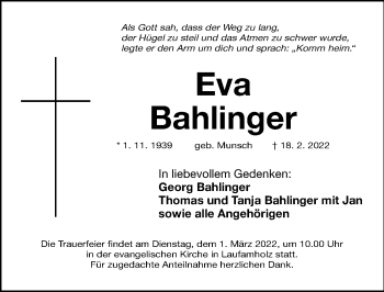 Traueranzeige von Eva Bahlinger von Gesamtausgabe Nürnberger Nachrichten/ Nürnberger Ztg.