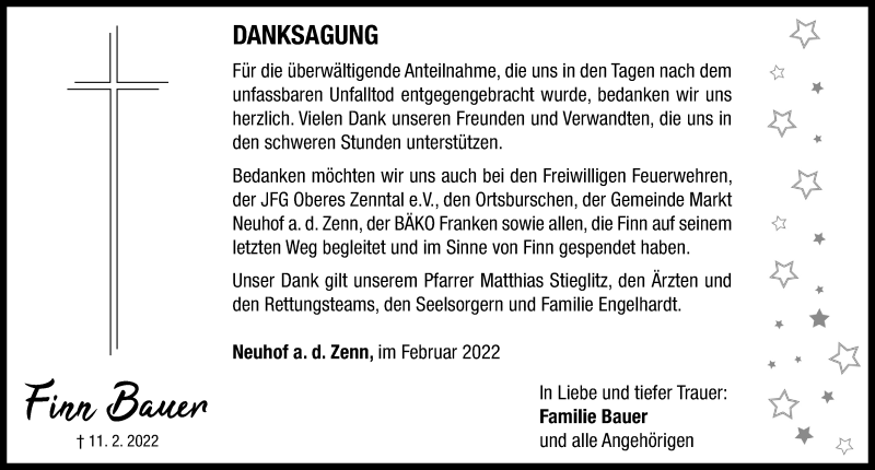  Traueranzeige für Finn Bauer vom 25.02.2022 aus Gesamtausgabe Nürnberger Nachrichten/ Nürnberger Ztg.
