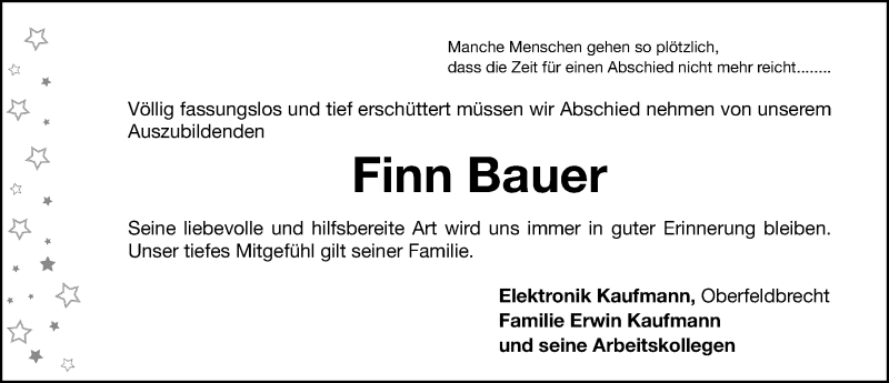  Traueranzeige für Finn Bauer vom 16.02.2022 aus Gesamtausgabe Nürnberger Nachrichten/ Nürnberger Ztg.