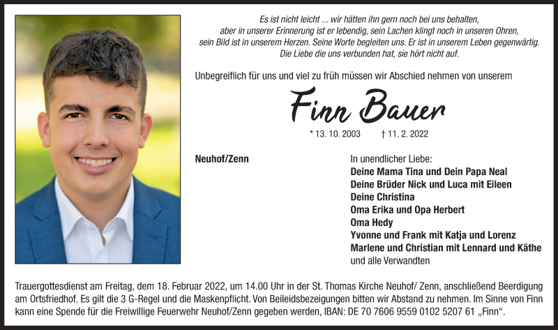  Traueranzeige für Finn Bauer vom 15.02.2022 aus Gesamtausgabe Nürnberger Nachrichten/ Nürnberger Ztg.