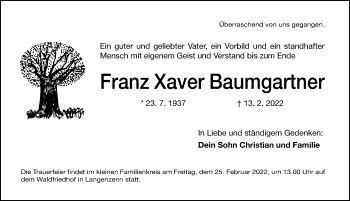 Traueranzeige von Franz Xaver Baumgartner von Fürther Nachrichten Lokal