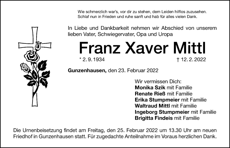  Traueranzeige für Franz Xaver Mittl vom 23.02.2022 aus Altmühl-Bote Lokal