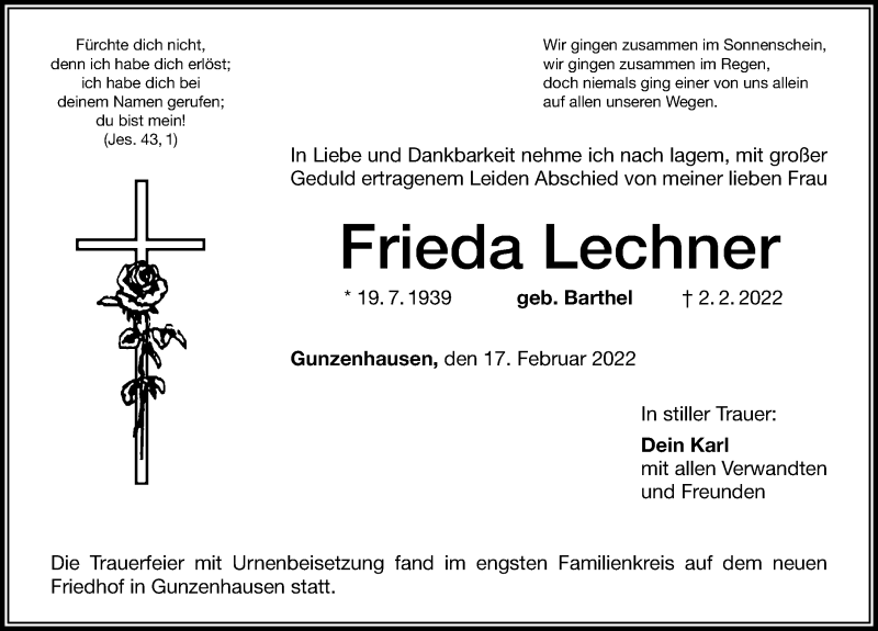  Traueranzeige für Frieda Lechner vom 17.02.2022 aus Altmühl-Bote Lokal