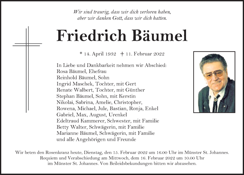  Traueranzeige für Friedrich Bäumel vom 15.02.2022 aus Neumarkter Nachrichten Lokal