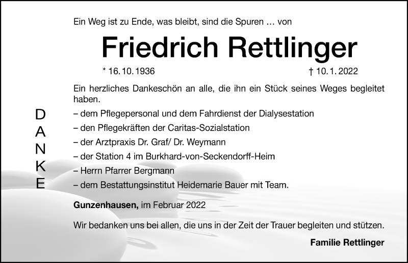  Traueranzeige für Friedrich Rettlinger vom 05.02.2022 aus Altmühl-Bote Lokal