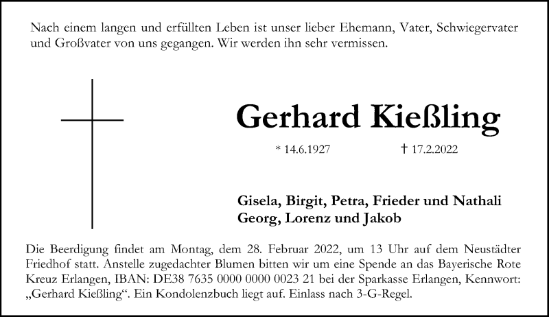  Traueranzeige für Gerhard Kießling vom 23.02.2022 aus Erlanger Nachrichten Lokal