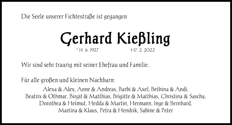  Traueranzeige für Gerhard Kießling vom 23.02.2022 aus Erlanger Nachrichten Lokal