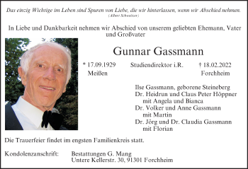 Traueranzeige von Gunnar Gassmann von Nordbayerische Nachrichten Forchheim Lokal