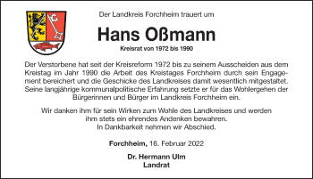 Traueranzeige von Hans Oßmann von Nordbayerische Nachrichten Forchheim Lokal
