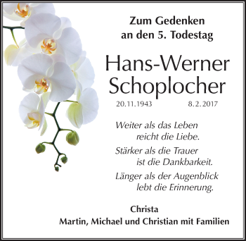 Traueranzeige von Hans-Werner Schoplocher von Schwabacher Tagblatt Lokal