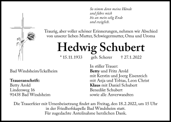 Traueranzeige von Hedwig Schubert von Windsheimer Zeitung Lokal