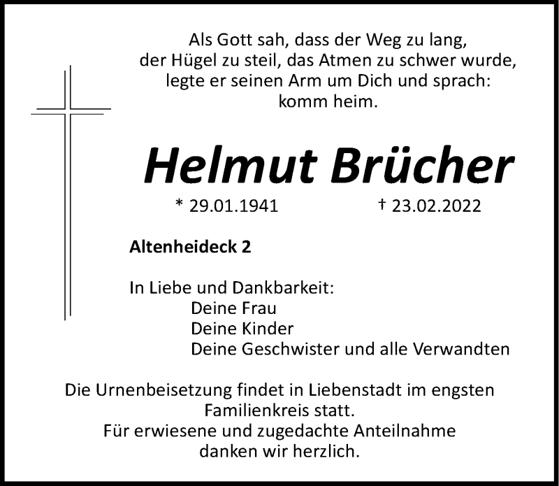  Traueranzeige für Helmut Brücher vom 26.02.2022 aus Roth-Hilpoltsteiner Volkszeitung Lokal