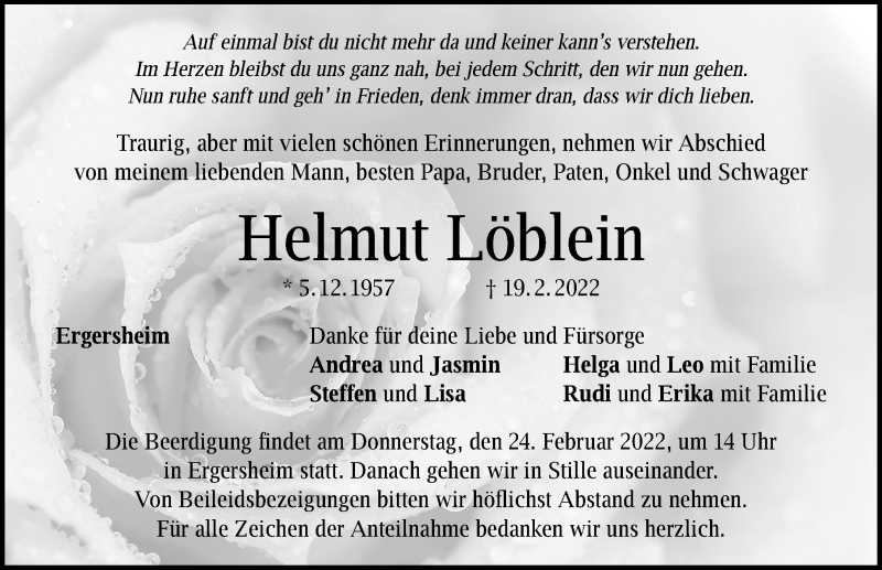  Traueranzeige für Helmut Löblein vom 22.02.2022 aus Windsheimer Zeitung Lokal