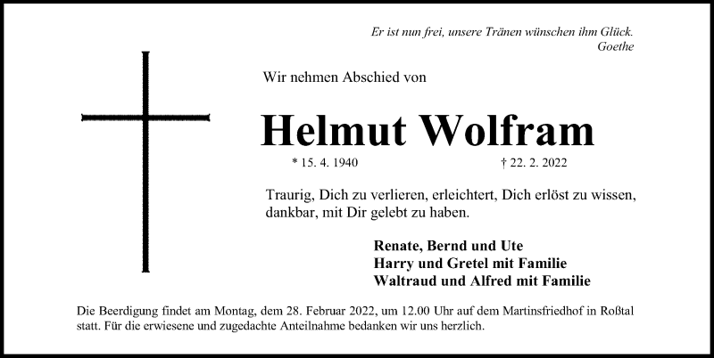  Traueranzeige für Helmut Wolfram vom 25.02.2022 aus Fürther Nachrichten Lokal
