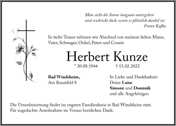 Traueranzeige von Herbert Kunze von Windsheimer Zeitung Lokal