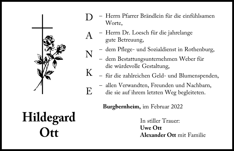  Traueranzeige für Hildegard Ott vom 19.02.2022 aus Windsheimer Zeitung Lokal