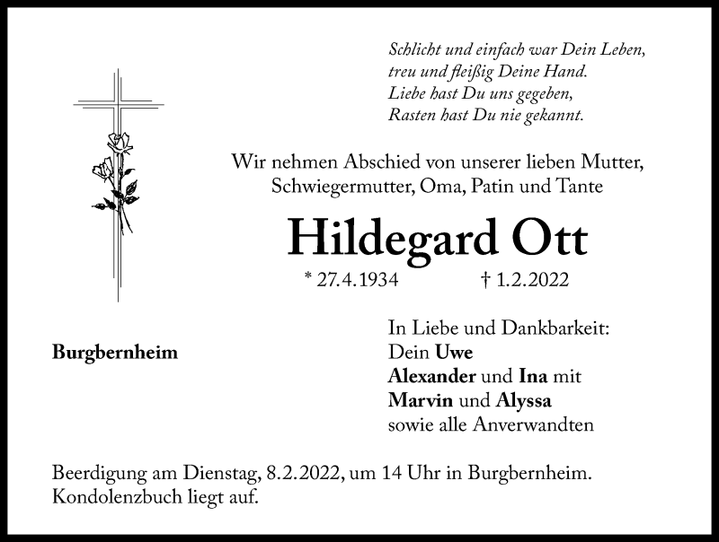  Traueranzeige für Hildegard Ott vom 05.02.2022 aus Windsheimer Zeitung Lokal