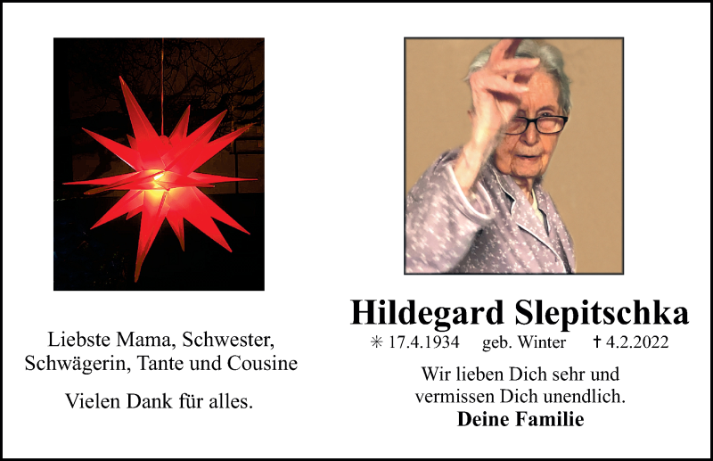  Traueranzeige für Hildegard Slepitschka vom 12.02.2022 aus Erlanger Nachrichten Lokal