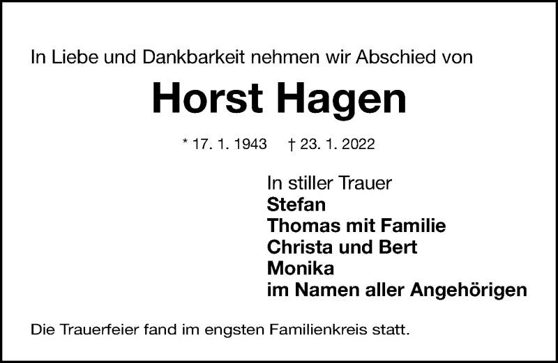 Traueranzeige für Horst Hagen vom 05.02.2022 aus Gesamtausgabe Nürnberger Nachrichten/ Nürnberger Ztg.