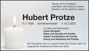 Traueranzeige von Hubert Protze von Nordbayerische Nachrichten Herzogenaurach Lokal