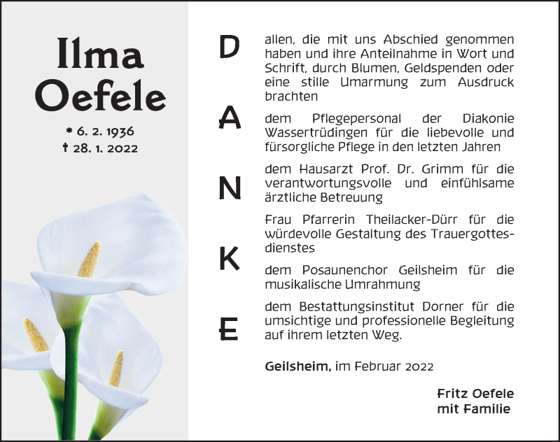  Traueranzeige für Ilma Oefele vom 17.02.2022 aus Altmühl-Bote Lokal