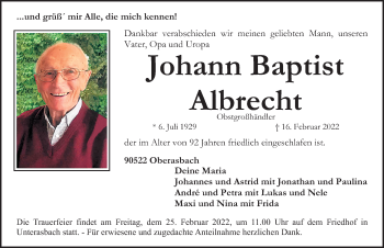 Traueranzeige von Johann Albrecht von Gesamtausgabe Nürnberger Nachrichten/ Nürnberger Ztg.