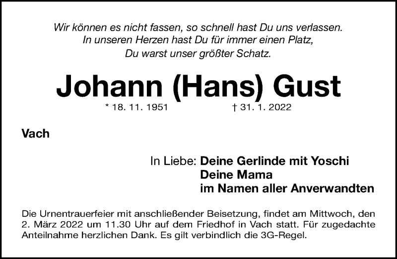  Traueranzeige für Johann Gust vom 26.02.2022 aus Fürther Nachrichten Lokal