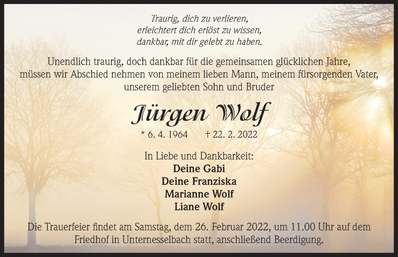  Traueranzeige für Jürgen Wolf vom 25.02.2022 aus Windsheimer Zeitung Lokal