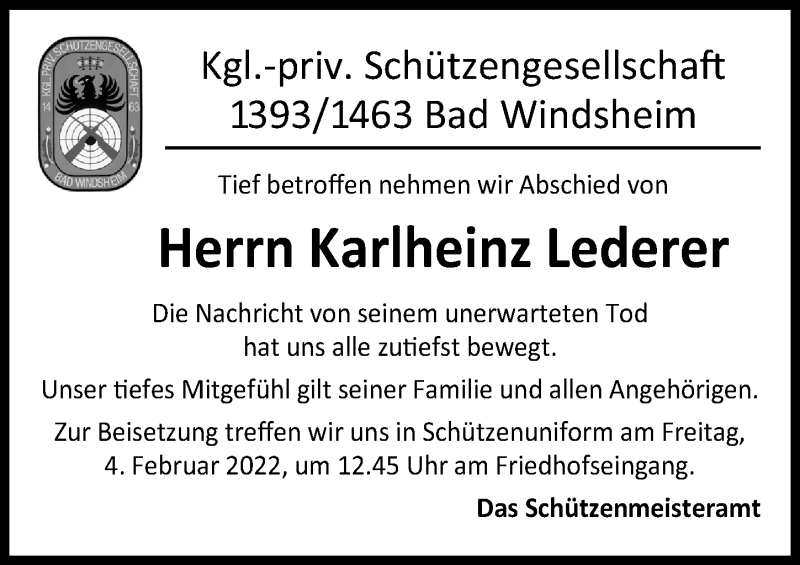  Traueranzeige für Karlheinz Lederer vom 03.02.2022 aus Windsheimer Zeitung Lokal