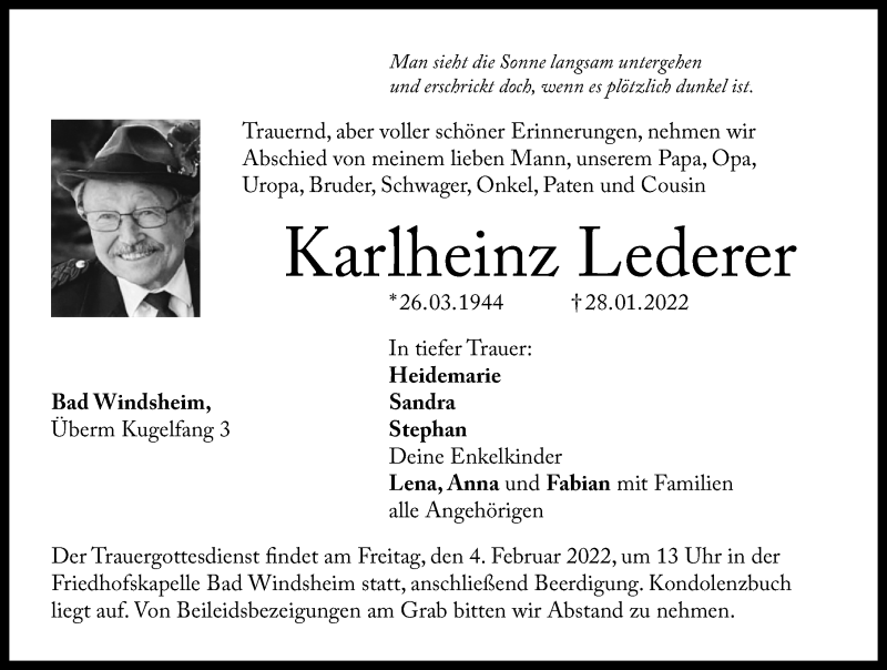  Traueranzeige für Karlheinz Lederer vom 02.02.2022 aus Windsheimer Zeitung Lokal