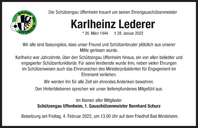  Traueranzeige für Karlheinz Lederer vom 03.02.2022 aus Windsheimer Zeitung Lokal