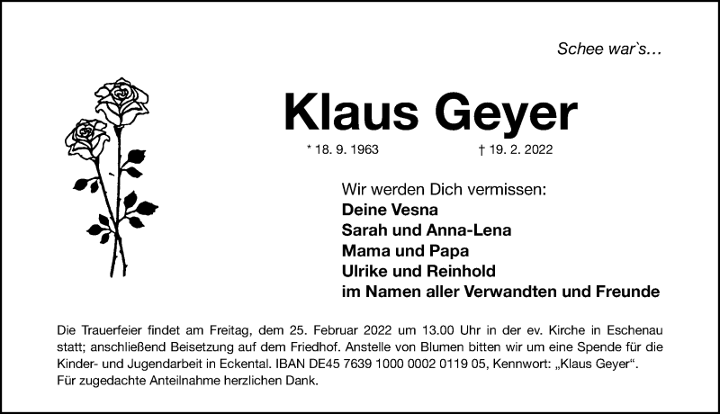  Traueranzeige für Klaus Geyer vom 23.02.2022 aus Gesamtausgabe Nürnberger Nachrichten/ Nürnberger Ztg.