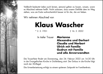 Traueranzeige von Klaus Wascher von Nordbayerische Nachrichten Forchheim Lokal