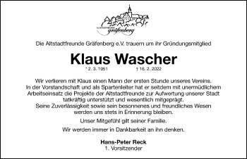 Traueranzeige von Klaus Wascher von Nordbayerische Nachrichten Forchheim Lokal