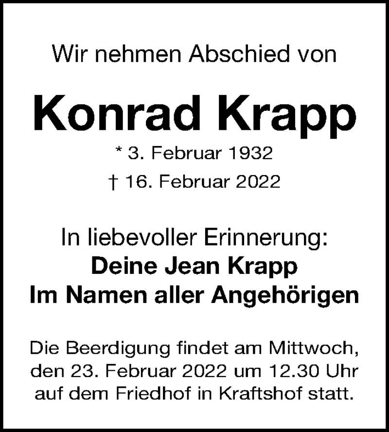  Traueranzeige für Konrad Krapp vom 21.02.2022 aus Gesamtausgabe Nürnberger Nachrichten/ Nürnberger Ztg.