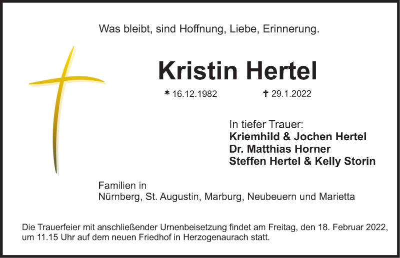  Traueranzeige für Kristin Hertel vom 05.02.2022 aus Erlanger Nachrichten Lokal