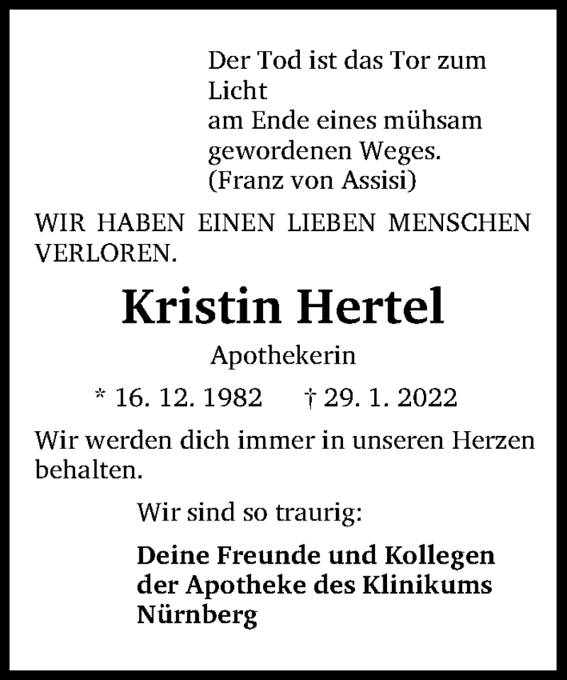  Traueranzeige für Kristin Hertel vom 05.02.2022 aus Gesamtausgabe Nürnberger Nachrichten/ Nürnberger Ztg./ Erlanger Nachrichten