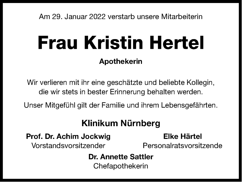  Traueranzeige für Kristin Hertel vom 05.02.2022 aus Gesamtausgabe Nürnberger Nachrichten/ Nürnberger Ztg.