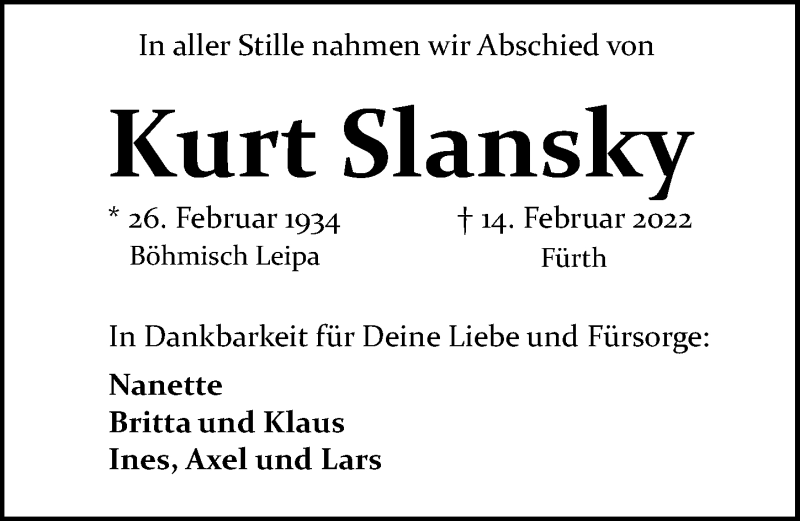  Traueranzeige für Kurt Slansky vom 26.02.2022 aus Fürther Nachrichten Lokal