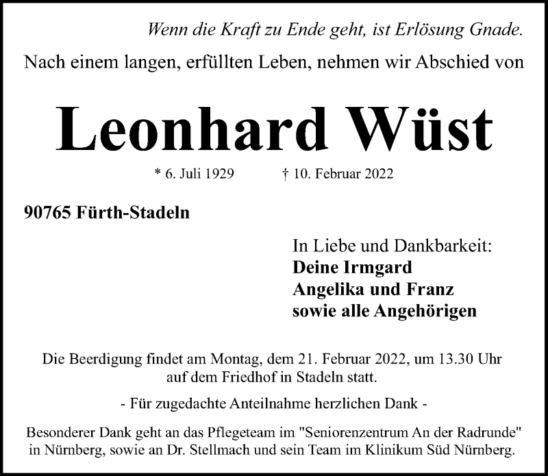  Traueranzeige für Leonhard Wüst vom 19.02.2022 aus Gesamtausgabe Nürnberger Nachrichten/ Nürnberger Ztg./ Fürther Nachrichten