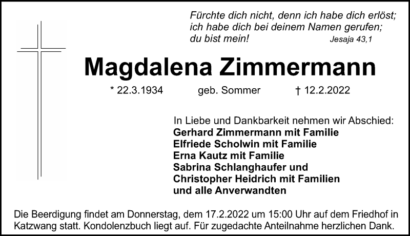  Traueranzeige für Magdalena Zimmermann vom 15.02.2022 aus Schwabacher Tagblatt Lokal