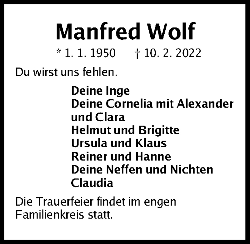  Traueranzeige für Manfred Wolf vom 19.02.2022 aus Gesamtausgabe Nürnberger Nachrichten/ Nürnberger Ztg.