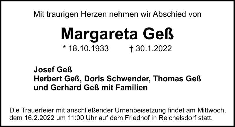  Traueranzeige für Margareta Geß vom 12.02.2022 aus Gesamtausgabe Nürnberger Nachrichten/ Nürnberger Ztg.