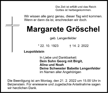 Traueranzeige von Margarete Gröschel von Nordbayerische Nachrichten Pegnitz Lokal