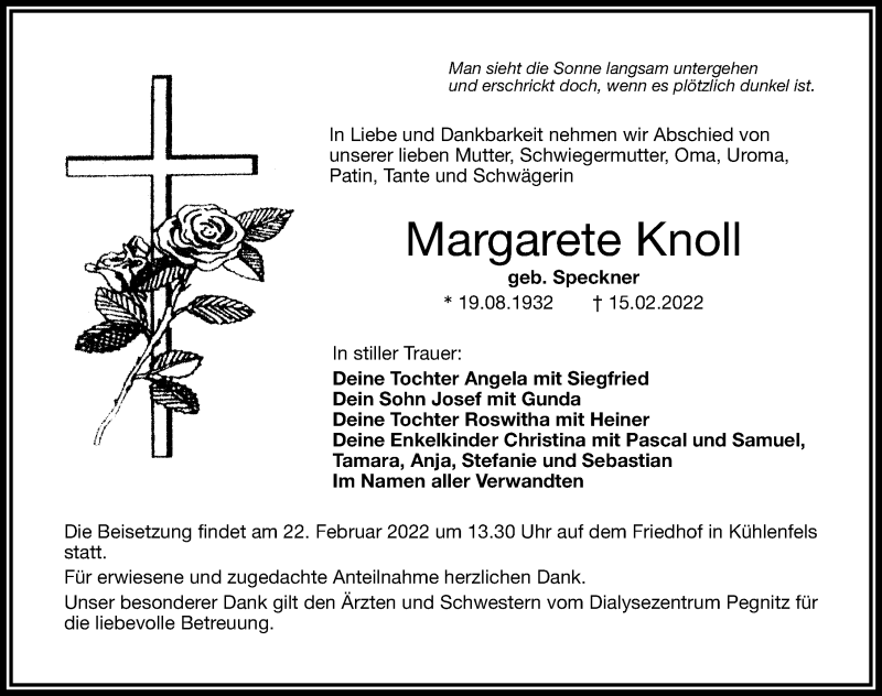  Traueranzeige für Margarete Knoll vom 19.02.2022 aus Nordbayerische Nachrichten Pegnitz Lokal