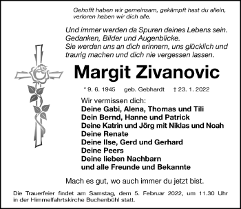 Traueranzeige von Margit Zivanovic von Gesamtausgabe Nürnberger Nachrichten/ Nürnberger Ztg.